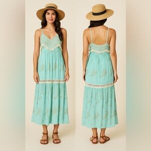 Zury Blue Maxi Sundress with Spaghetti Straps and Lace Details.  New